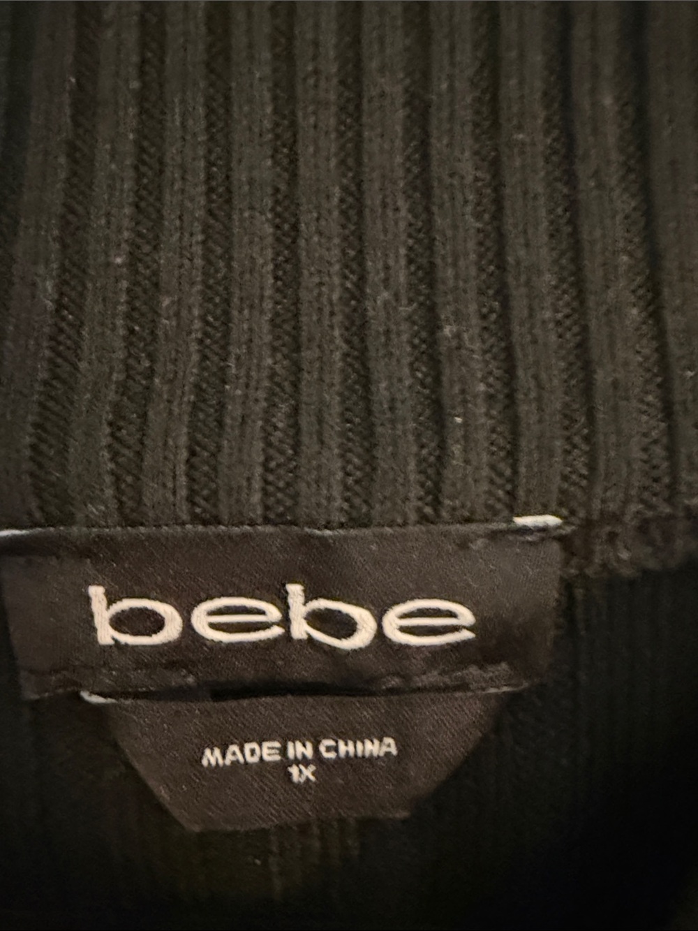 bebe Black Ribbed Long Sleeve Mock-Neck Top with Crystal Logo - Picture 2 of 3